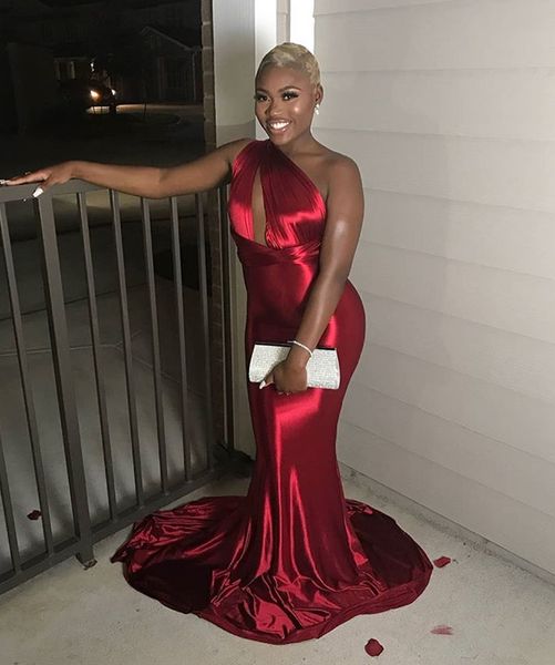 Burgundy Prom Dresses 2019 Sexy Mermaid One Shoulder Sweep Train