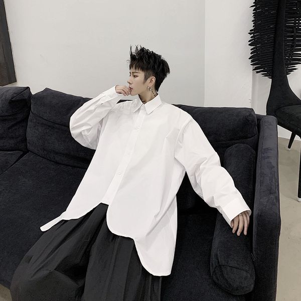 

male japan streetwear style gothic white black shirt couple hip hop shirt men arc hem long sleeve casual shirts