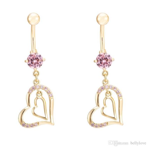 

18k yellow gold plated crystal paved cubic zirconia cz double hearts piercing belly button ring body jewelry for women, Silver