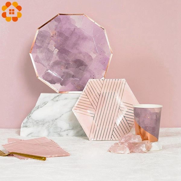

1set pink gilding paper disposable tableware striped diy paper plates tableware for wedding birthday party supplies table decor