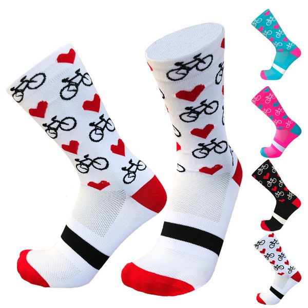 

new professional sport pro cycling socks men women compression road bicycle socks mountain bike racing heart pattern, Black