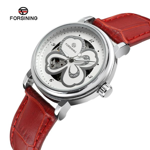

women automatic mechanical watches four-leaf clover wristwatches ladies white leather simple watch waterproof senhoras assistir, Slivery;brown