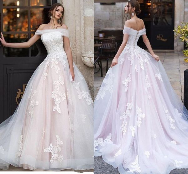 

2019 blush pink off shoulder lace appliqued a-line wedding dresses luxury layers tulle princess neach bohemian bridal gown, White