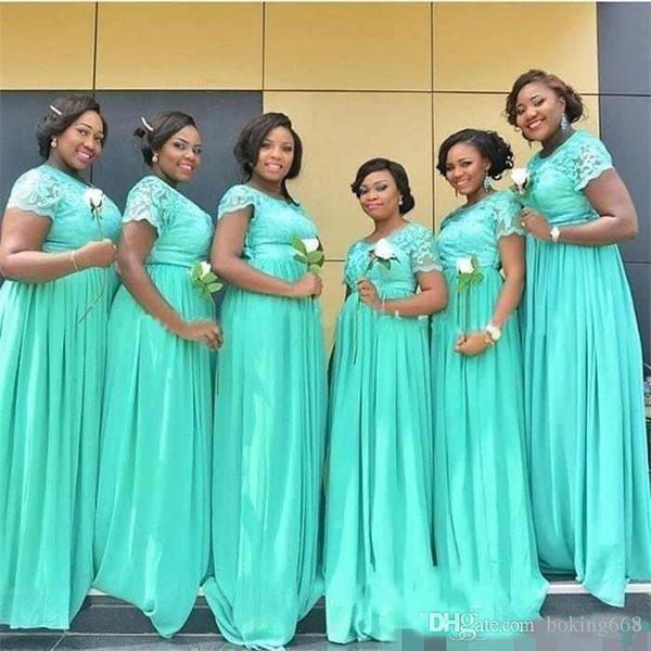 

2019 Newest Chiffon Country Bridesmaid Dresses Jewel Neck Short Sleeves Lace Sweep Train Wedding Bridesmaid Gowns Long Party Dresses