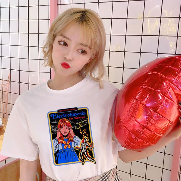 

summer women's short sleeve ulzzang harajuku bf hip hop let's summon demons cartoon devil fashion o-neck t-shirt, White