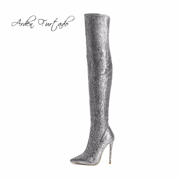 

arden furtado 2018 spring autumn slip on over the knee boot pointed toe high heels stilettos stretch bling bling silver boots 43, Black