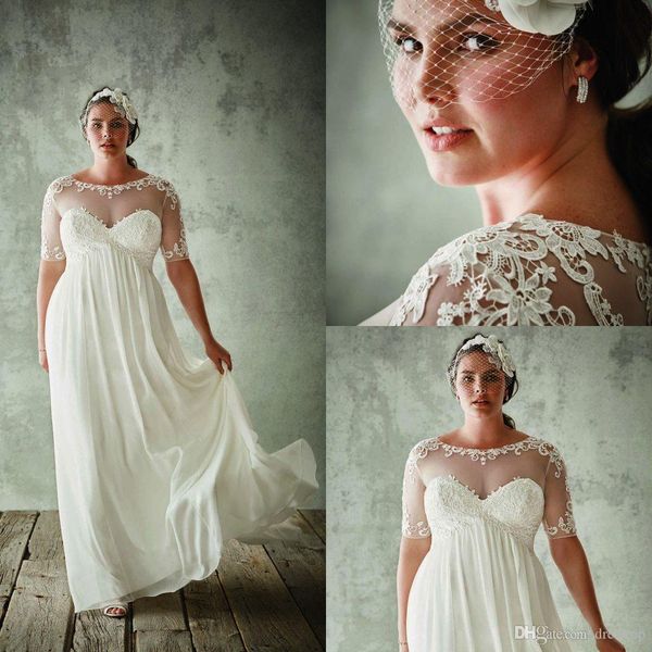 

fashion plus size wedding dresses with half sleeves sheer jewel neck a line lace appliqued bridal gowns chiffon empire waist wedding dress, White