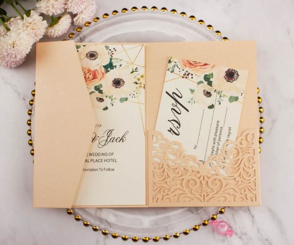 

greeting cards 50pcs/lot halloween trifold card pocketfold wedding invitation three fold pocket laser cut invite covers party