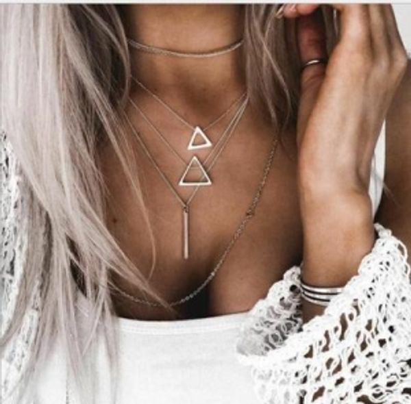 

maxi fashion multi-layer hollow size triangle long chain multi-layer necklace, Silver