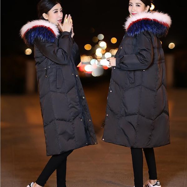 

большой меховой воротник пуховый pakra women winter 2019 новый женский пуховик зимний длинный тонкий утолщение теплые пальто куртки женские, Black