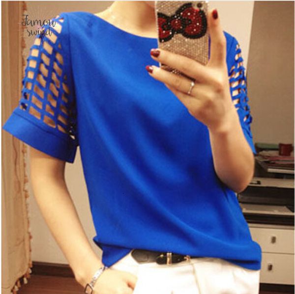 

summer women chiffon blouse hollow short sleeve shirt plus size casual ladies blouses blusas feminina hollow out s 5xl, White