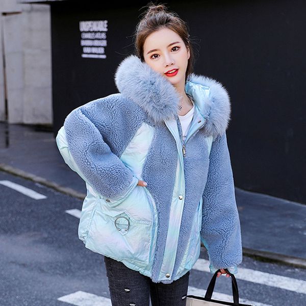 

овечьей шерсти пальто зимы корейских женщин шитье 2019 с капюшоном большой меховой воротник яркая куртка женщина большой размер мода теплая, Black