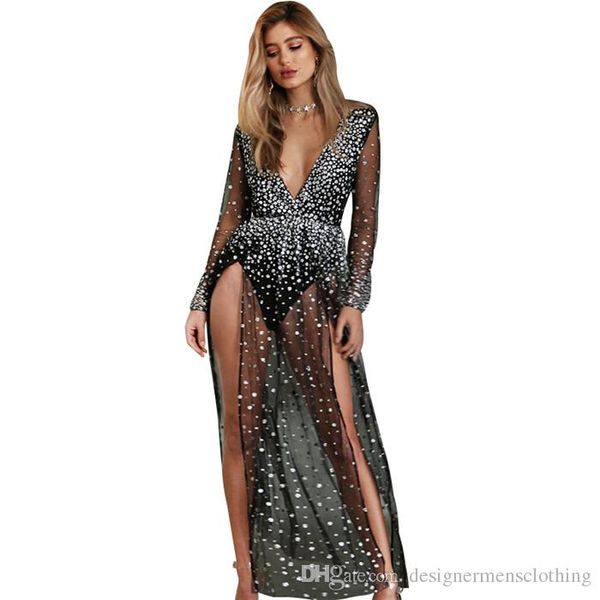 

люминесцентные сплит женщины платье глубокий v шеи блестки sheer sexy платья клуб лонг черное платье женский одежда, White;black