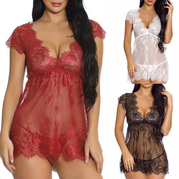 

summer dress 2020 women girl cute v-neck lace lingerie underwear sleepdress with g-string black red lace sundress z0206, Black;white