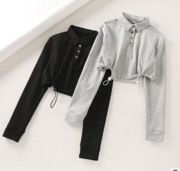 

autumn women casual gray short t shirts long sleeve female black front buttons crop loose cotton tee jumpers, White