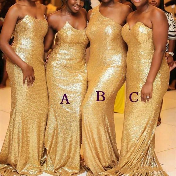 

2020 black girls gold sequined mermaid long bridesmaids dresses sweetheart one shoulder sequins nergeria maid of honor gowns plus size, White;pink