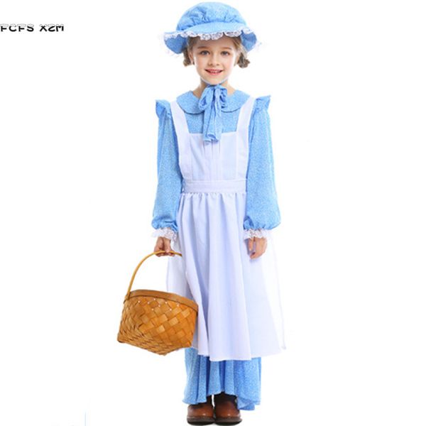 

xs-xl blue medieval girls halloween peasant farmer woman costumes kids maid cosplays carnival purim party stage play party dress, Black;red