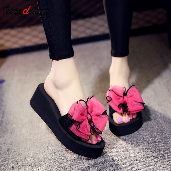 

summer woman shoes platform bath slippers wedge beach flip flops high heel slippers for womens bow casual shoes, Black