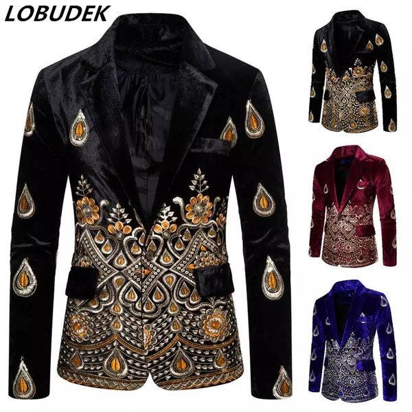 

men's velvet gold thread embroidery blazer european style one button vintage black blazers stage suit jacket singer host costume, White;black