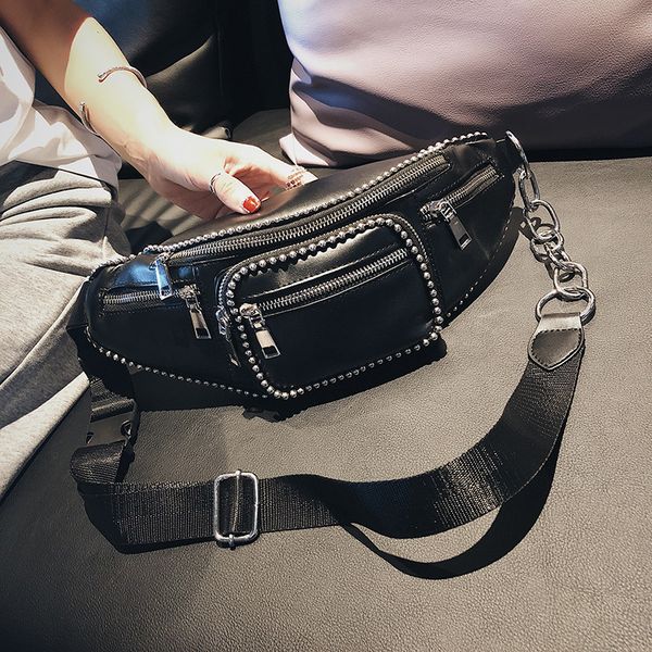 

новый склад 2019 горячие продажи женская сумка талии fanny pack pu сумка пояса кошелек маленький кошелек телефон ключа чехол черный панк тал