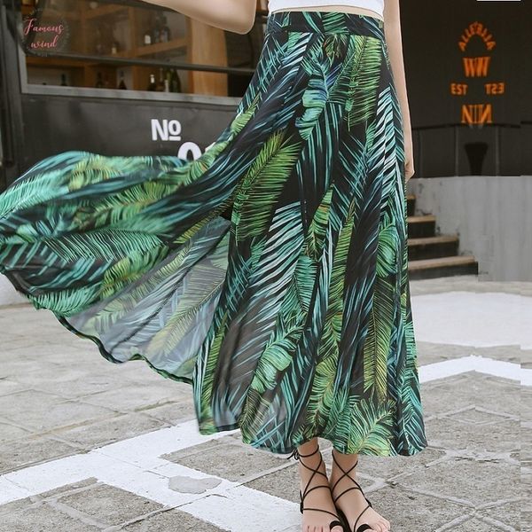 

high waist boho long skirt women split maxi skirts green plant pint beach summer holiday female 2020 summer floral, Black