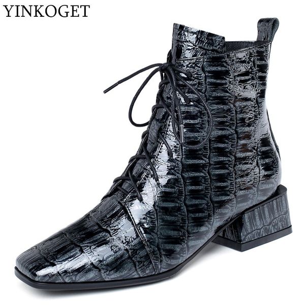 

allbitefo square toe genuine leather square toe high heels ankle boots for women winter snow shoes women boots, Black