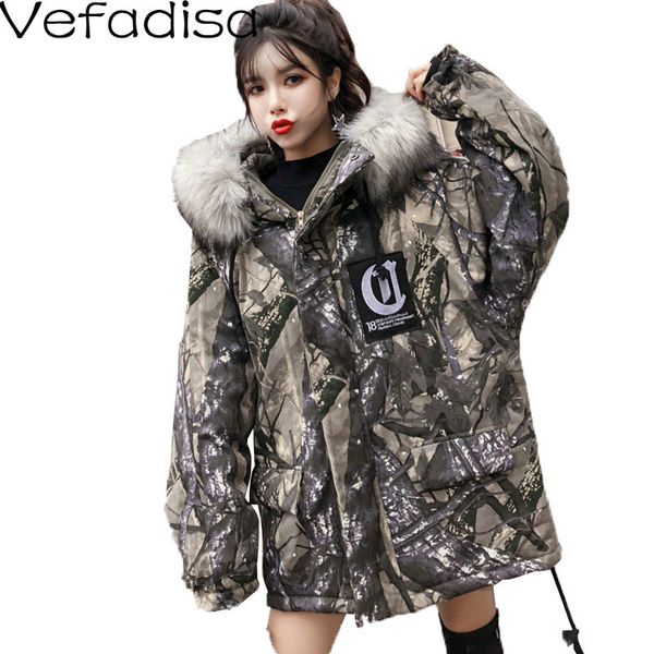 

vefadisa winter camouflage parka woman 2019 fur collar hooded parka zipper print wide-waisted loose coat thick female qyf1044, Black