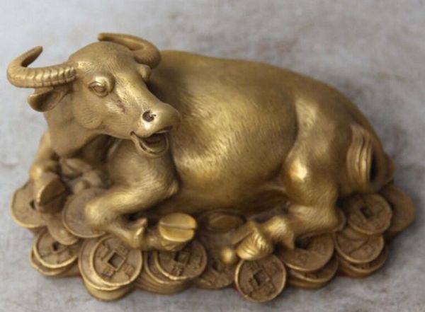 1 cinese puro bronzo ricchezza YuanBao Money Bull Unicorn OX Oxen Animal Statue