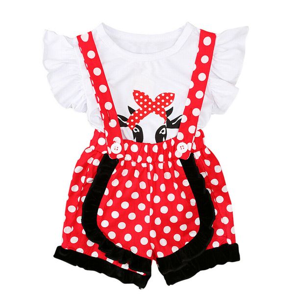 

new kid baby girls t-shirt tee+dot strap shorts overalls outfit sunsuit 2-7y, White