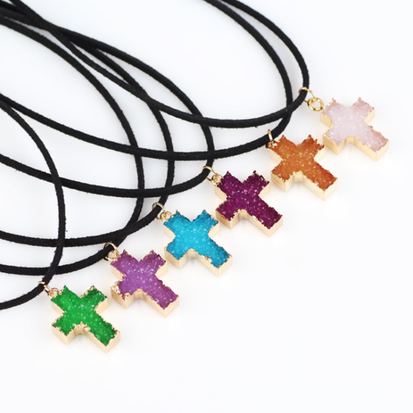 

light yellow gold color cross shape many style crystal dyed pendant black rope chain necklace for prayer jewelry, Silver