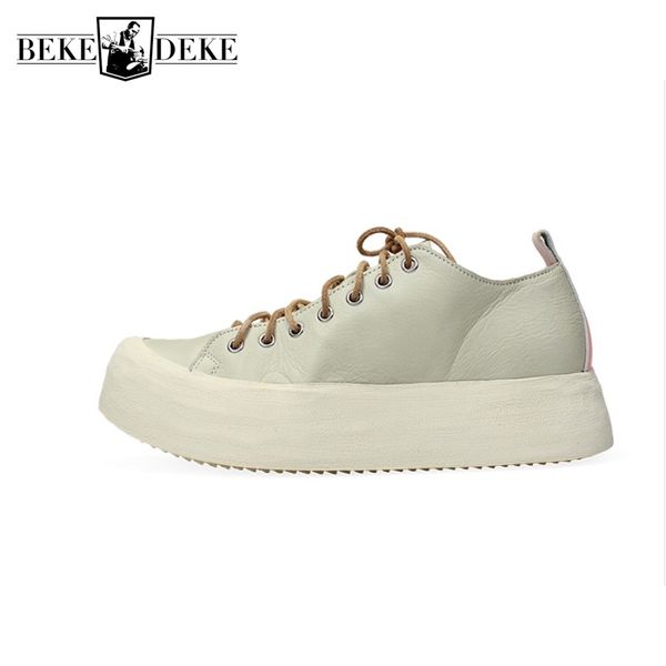 

designer platform thick sole casual shoes men vintage genuine leather cowhide low white sneakers luxury hip hop work shoes, Black