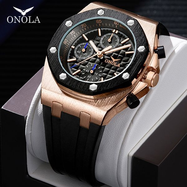 

onola 2020 gold watch waterproof metal mens watch casual multifunction wristwatch all for fashion men chronograph brand black quartz pkvpw, Slivery;brown