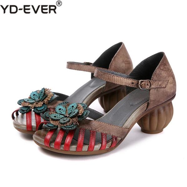 

genuine leather retro buckle strap casual summer sandals floral high heel strange style peep toe handmade women shoes, Black