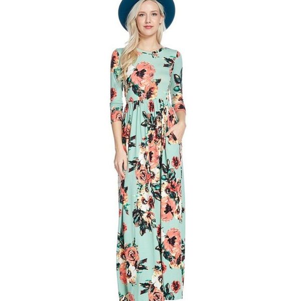 

fashion women long sleeve dress vintage flower print party club bohemia v-neck casual maxi dress summer women dresses with pocket, Black;gray