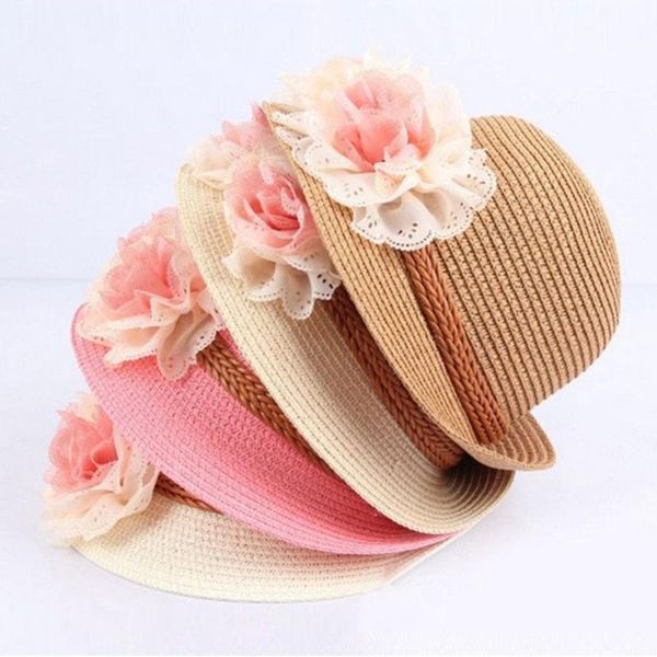 

girls kids baby children cap flowers decor straw summer beach sun wide brim hat, Yellow