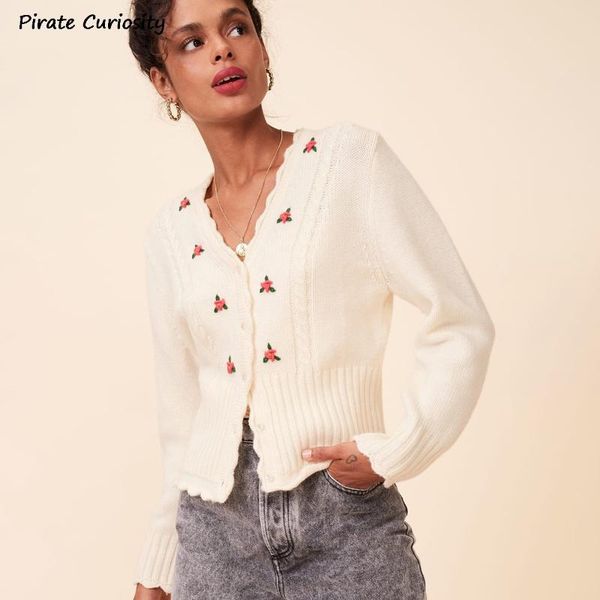 

pirate curiosity floral knitted cardigan spring 2020 single breasted v neck lace short sweaters casual slim streetwear cardigan, White