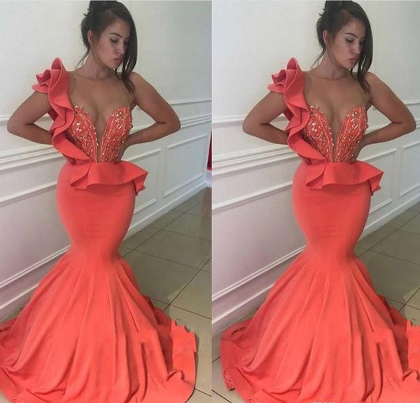 

coral color evening dresses 2019 one shoulder sleeveless backless celebrity holiday women wear formal party prom gowns custom made plus size, Black;red