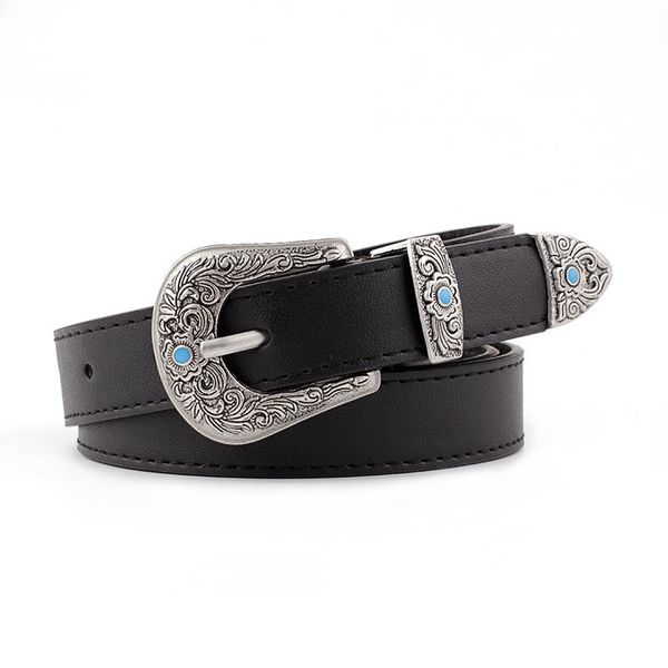 

olome vintage belt women boho black floral print buckle waist belts female wide 2.3cm leather waistband jeans belt for ladies, Black;brown