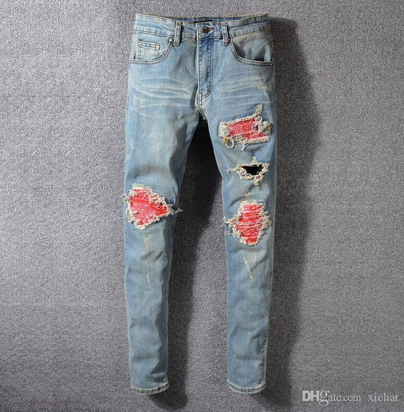 

mens plated ripped blue skinny jeans fashion designer distressed slim fit motorcycle biker hole beggar hip hop denim pants 552