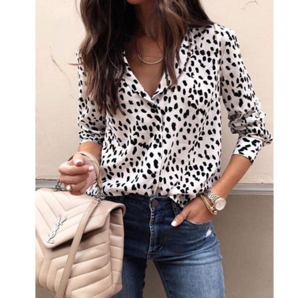 

fashion women long sleeve leopard blouse v neck shirt ladies party dames streetwear blusas femininas elegante plus size, White