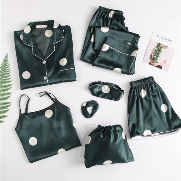 

spring summer women 4pcs sleepwear pijamas suit green v-neck long sleeve shirt&pant sleep set casual nightwear homewear, Black;red