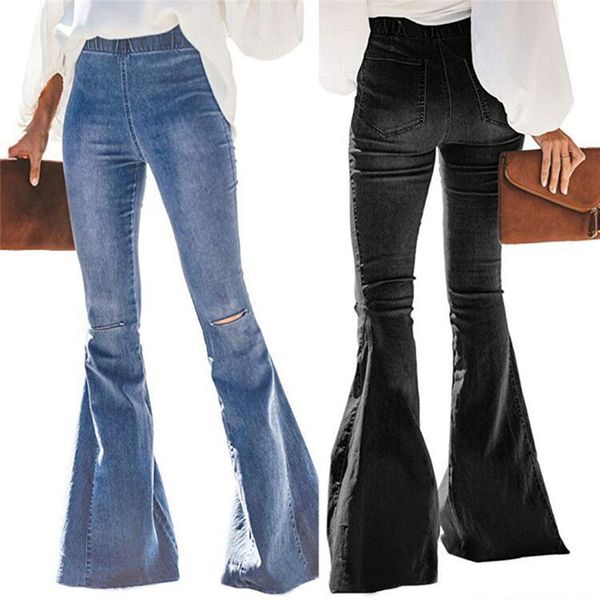 

vintage bell-bottoms jeans denim flare pants wide leg women casual boot-cut pant female trousers for women knee hole, Black;white