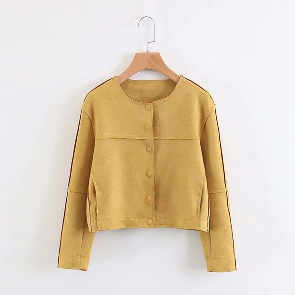 

52xz-2163 korean-style women's wear 2019 autumn and winter new products cool joint round collar in yellow chamois coat, Black;white