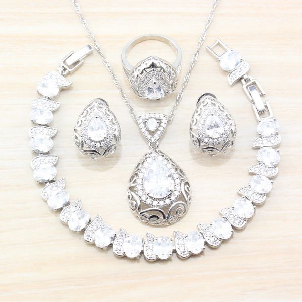 

925 sterling silver pure white hollow water drop zircon fashion wedding costume jewelry sets for women ring size 6/7/8/9/10, Slivery;golden