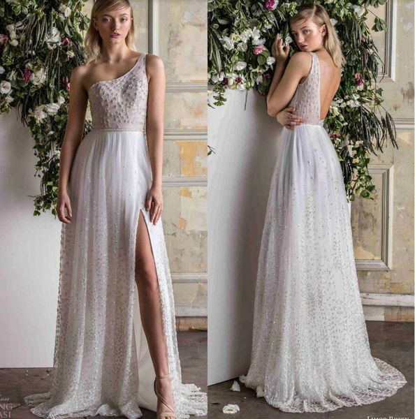 

limor rosen 2019 bohemian wedding dresses lace embroidery bead side split backless bridal gowns sweep train boho wedding dress, White