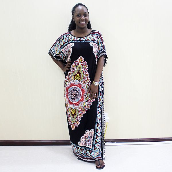 

dashikiage 100% cotton black pompom traditional print bohe casual dresses for women, Red