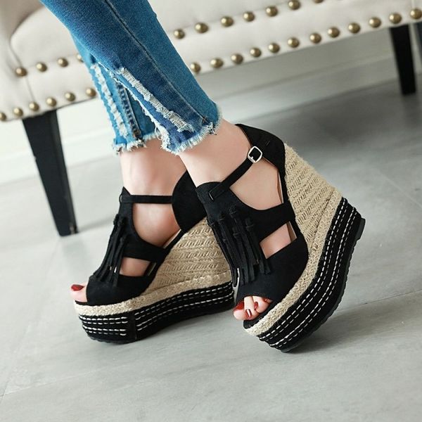 

женская кисточки peep toe клин супер высокие каблуки платформа повседневных сандалии рим насосы черного бежевый зеленый 3цвет d962, Black