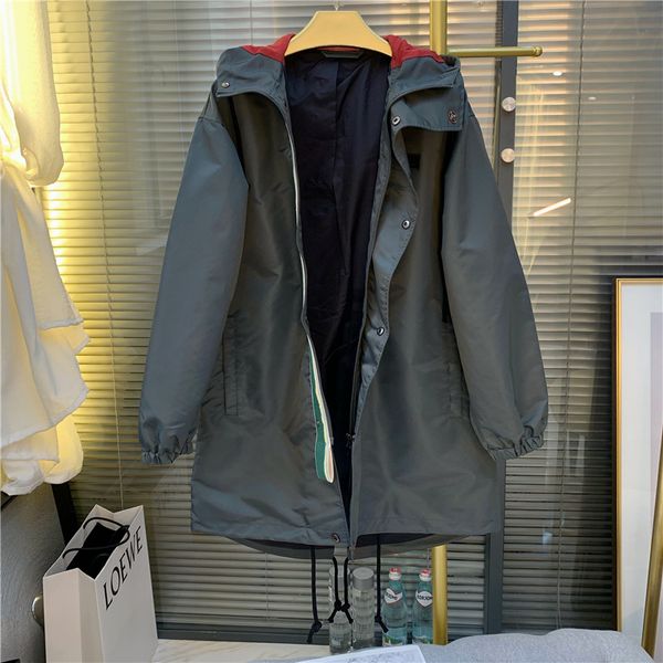 

women hooded jacket drawstring zipper coat solid color trench coat, Tan;black