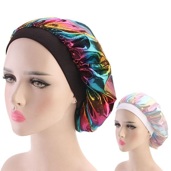 

colorful women laser silky du-rag hair cover accessories wave caps rags wide band bonnet salon hat turban durag doo rag headwrap