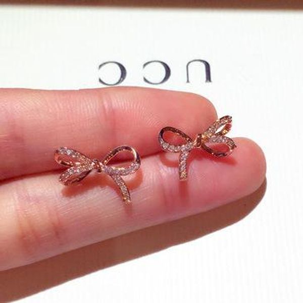 

fashion sterling silver stud earrings gold silver cute bow tie cubic zirconia earrings for women girls gift party jewelry, Golden;silver